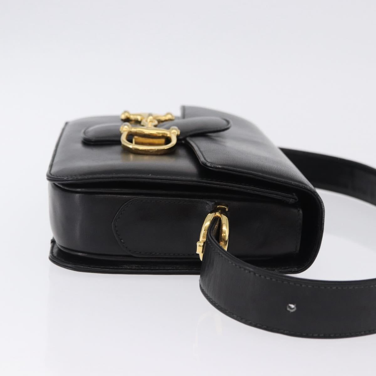 CELINE Horsebit Shoulder Bag Leather Black Gold Auth 197762A