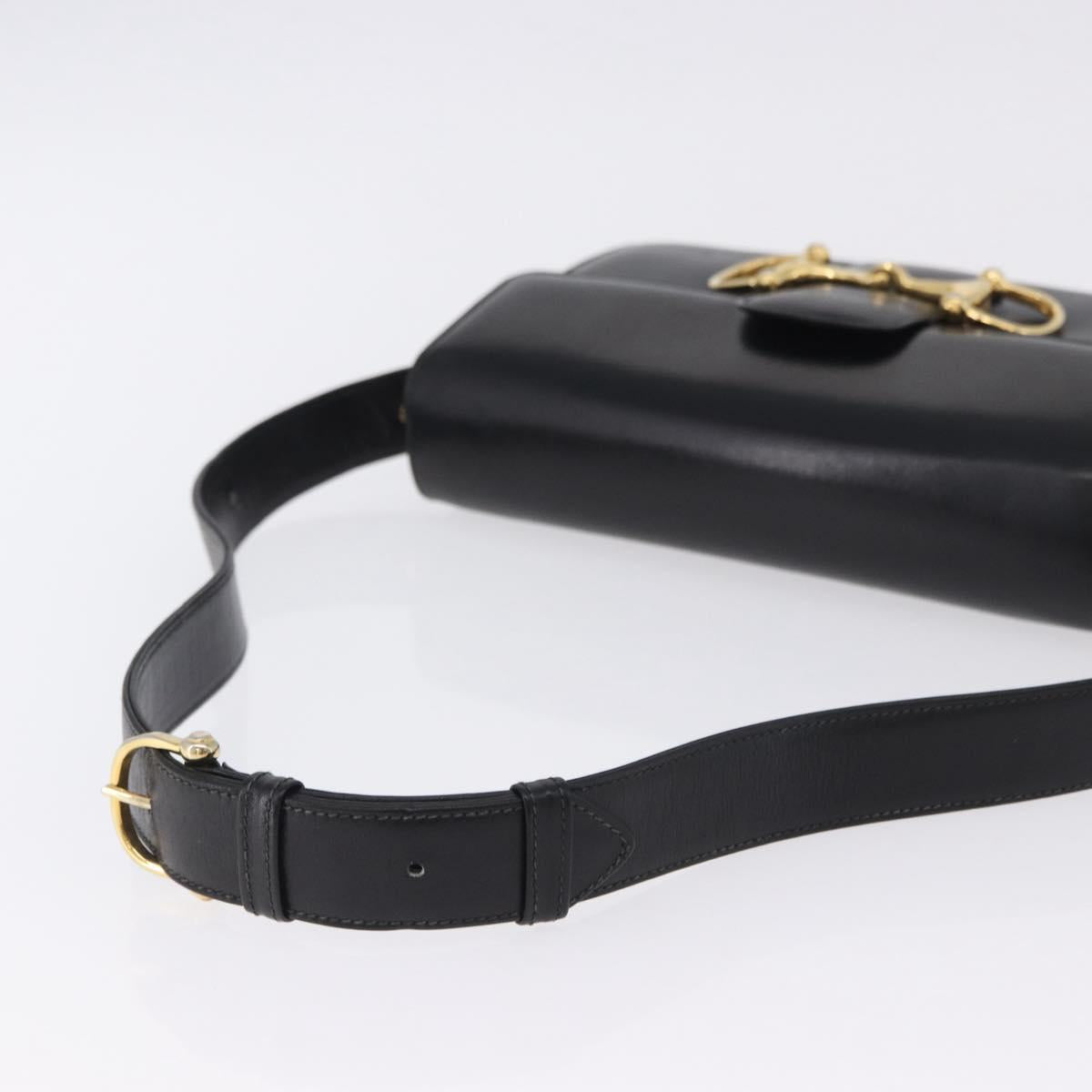 CELINE Horsebit Shoulder Bag Leather Black Gold Auth 197762A