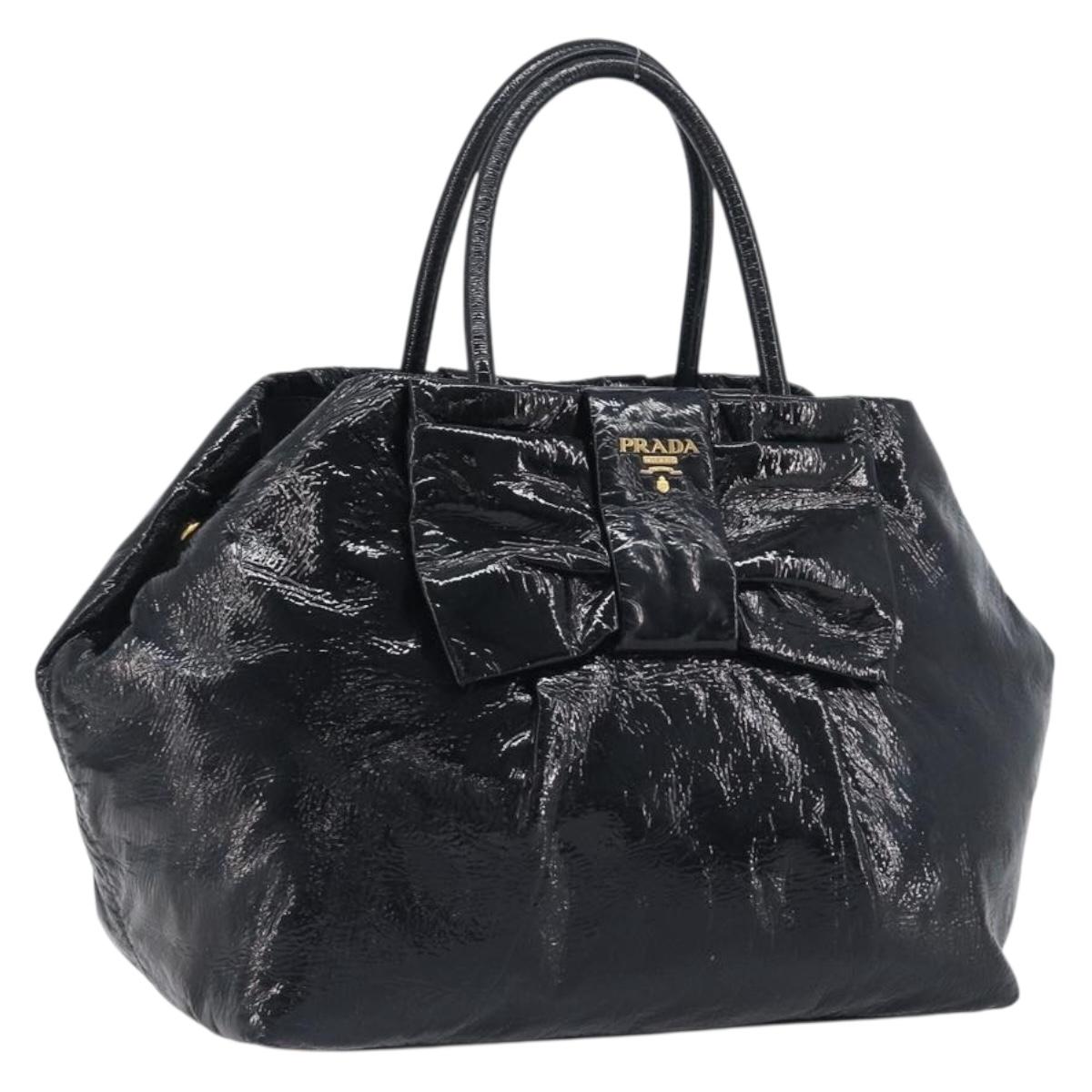 PRADA Hand Bag Patent leather Black Gold Auth 197763A