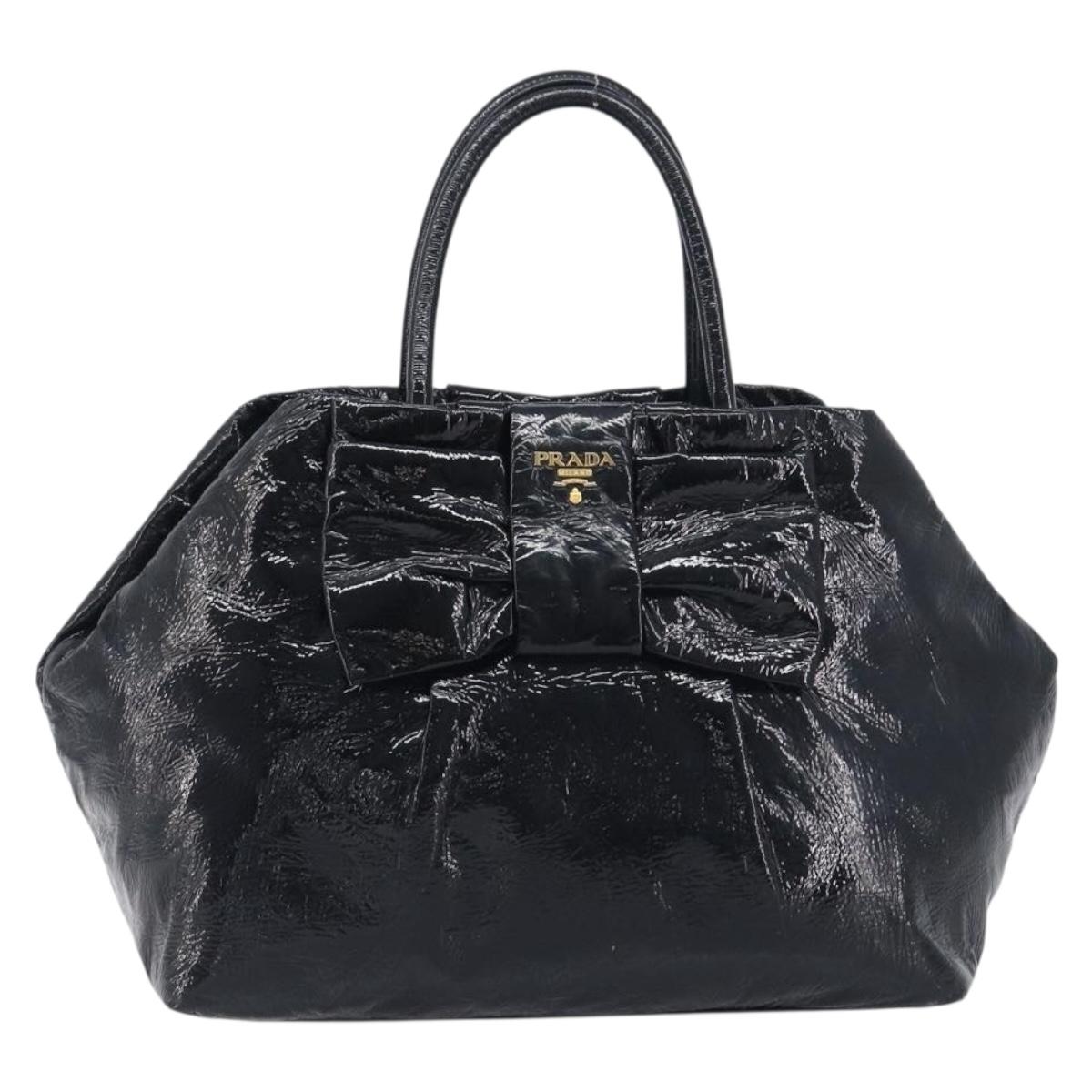 PRADA Hand Bag Patent leather Black Gold Auth 197763A
