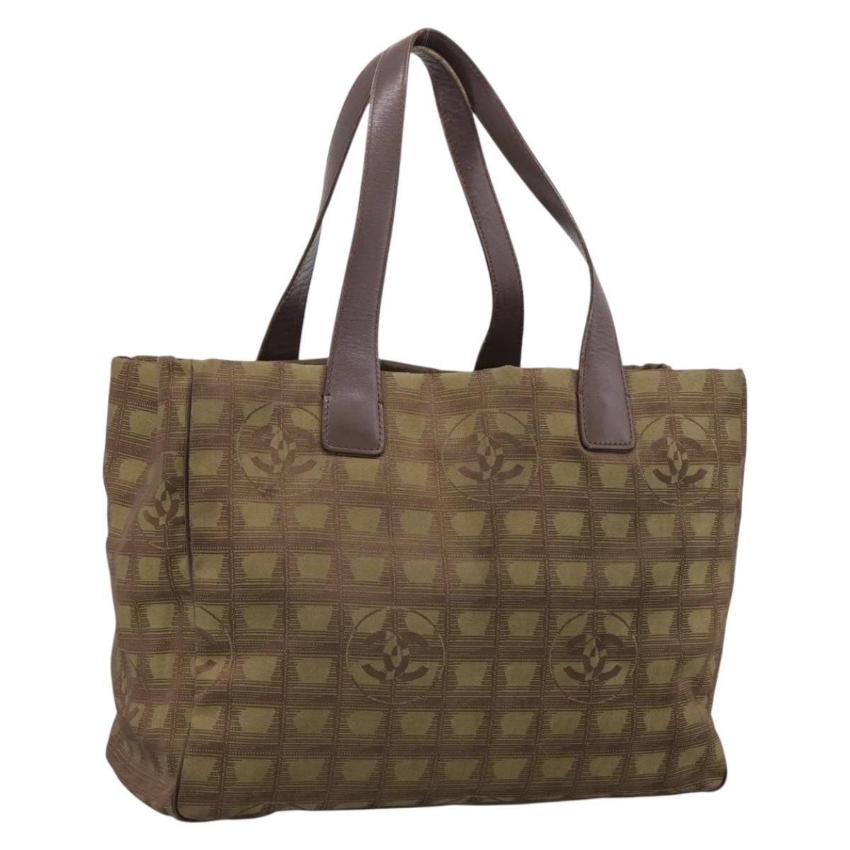 CHANEL New Travel Line Tote Bag Canvas Green Silver CC Auth 197764