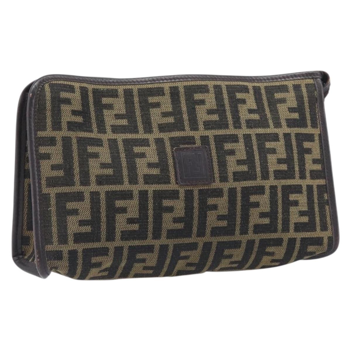 FENDI Zucca Canvas Clutch Bag Black Brown Auth 197770