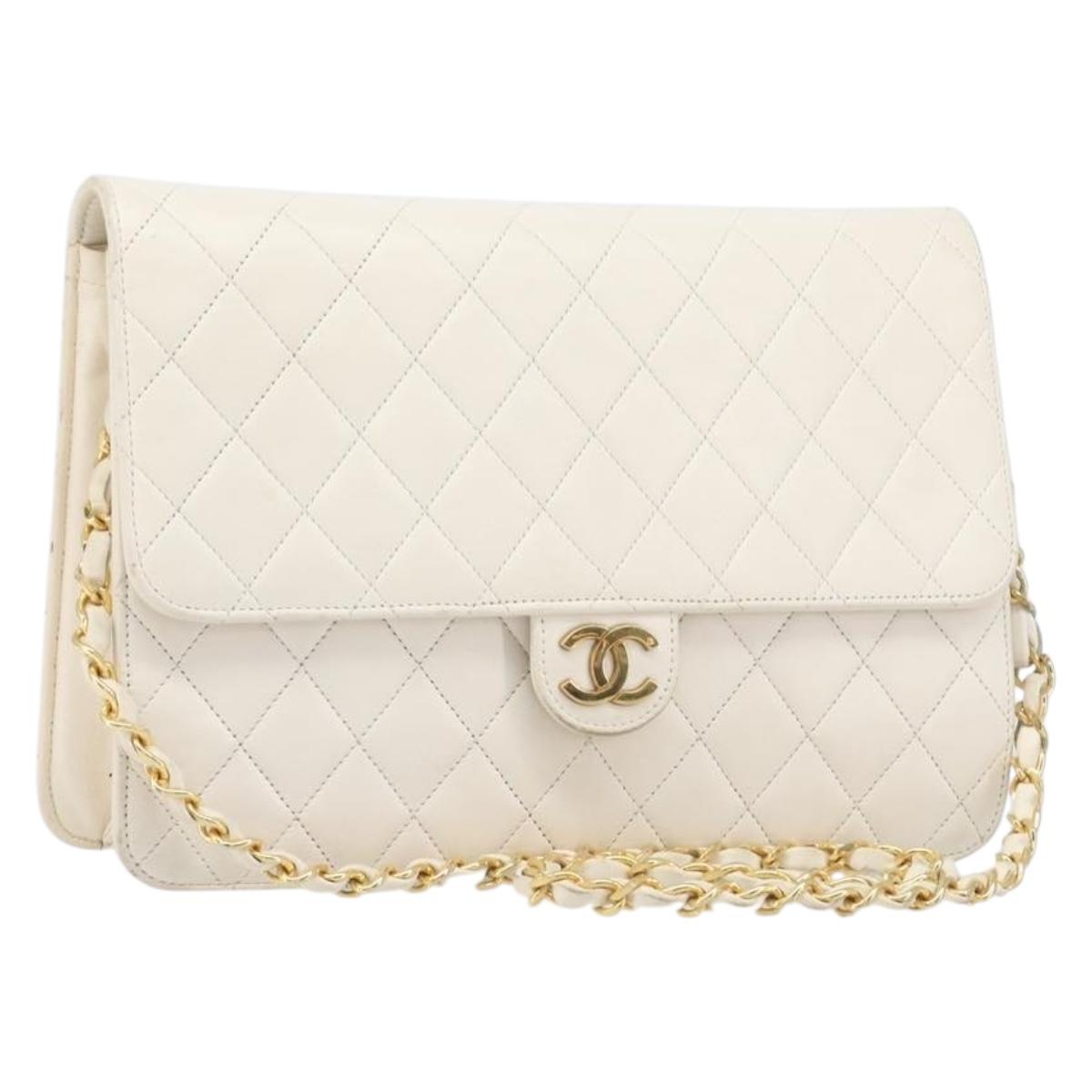 CHANEL Matelasse Chain Shoulder Bag Lamb Skin White Gold CC Auth 197774