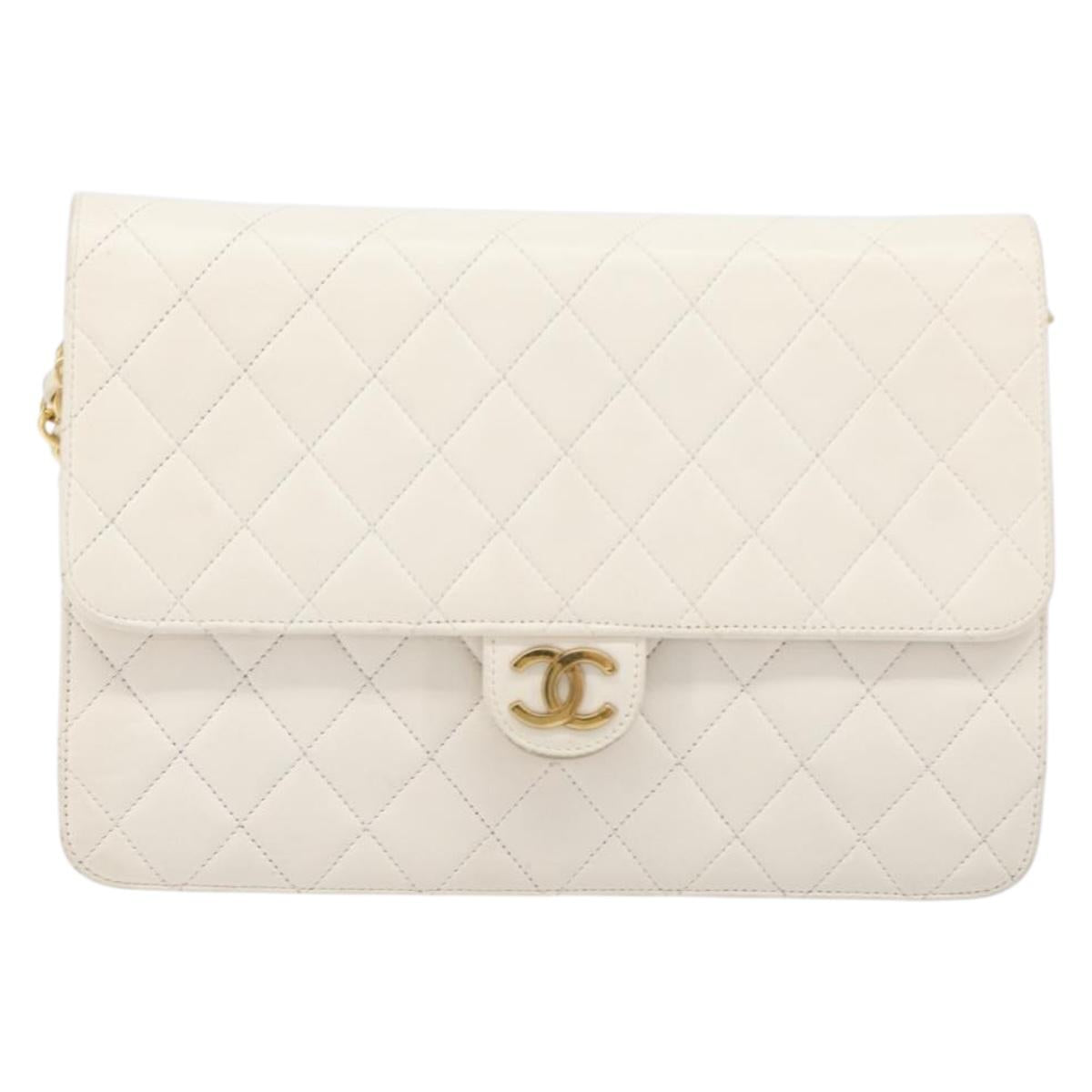 CHANEL Matelasse Chain Shoulder Bag Lamb Skin White Gold CC Auth 197774
