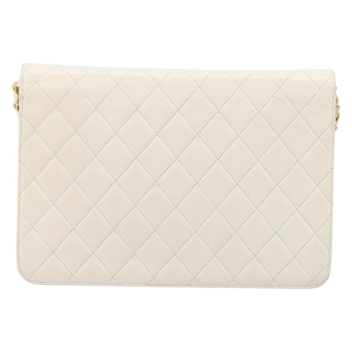 CHANEL Matelasse Chain Shoulder Bag Lamb Skin White Gold CC Auth 197774