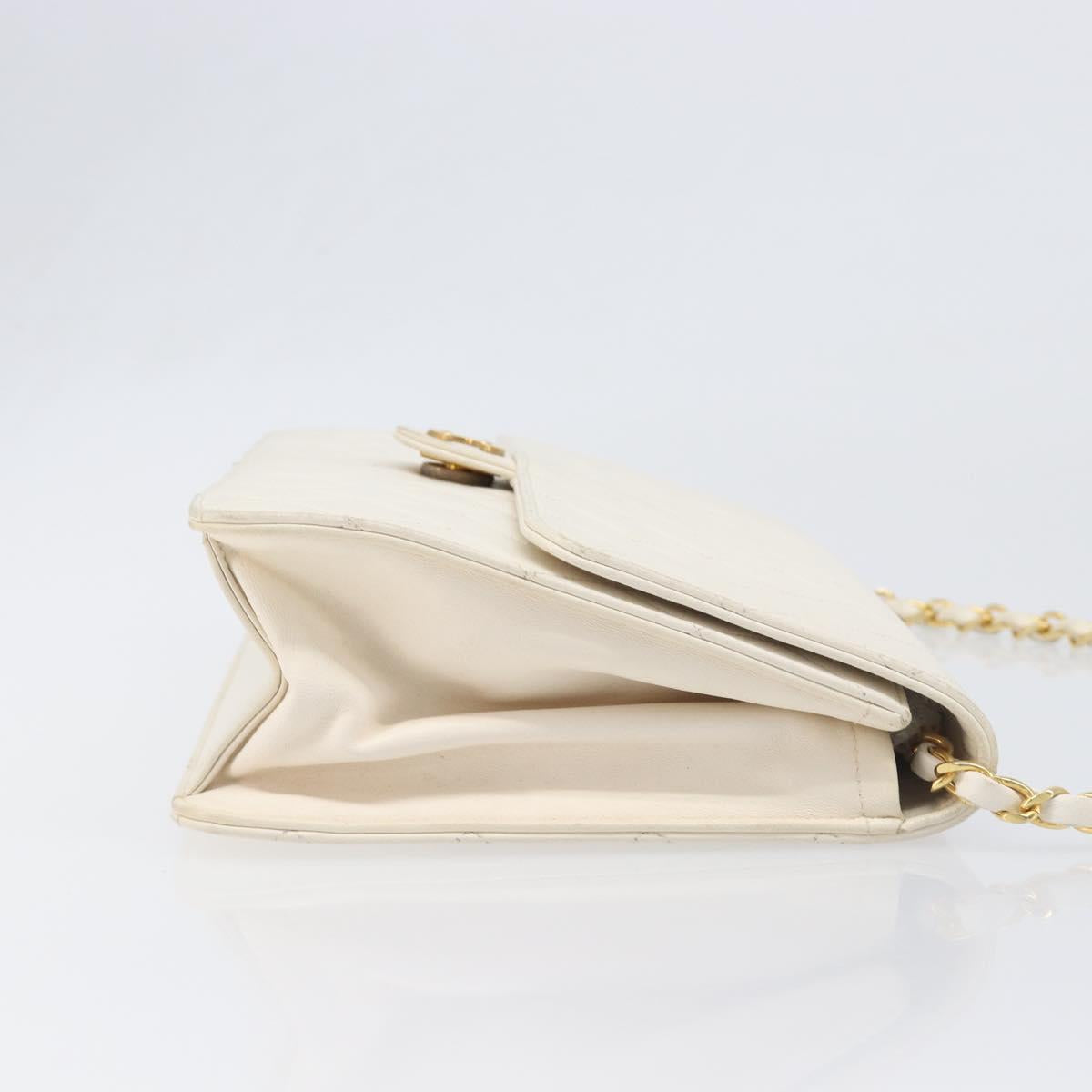 CHANEL Matelasse Chain Shoulder Bag Lamb Skin White Gold CC Auth 197774
