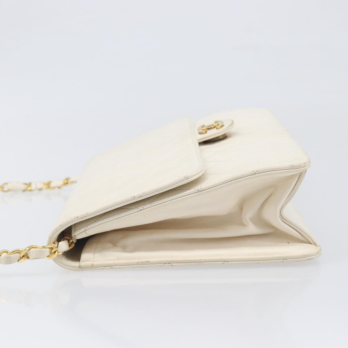 CHANEL Matelasse Chain Shoulder Bag Lamb Skin White Gold CC Auth 197774
