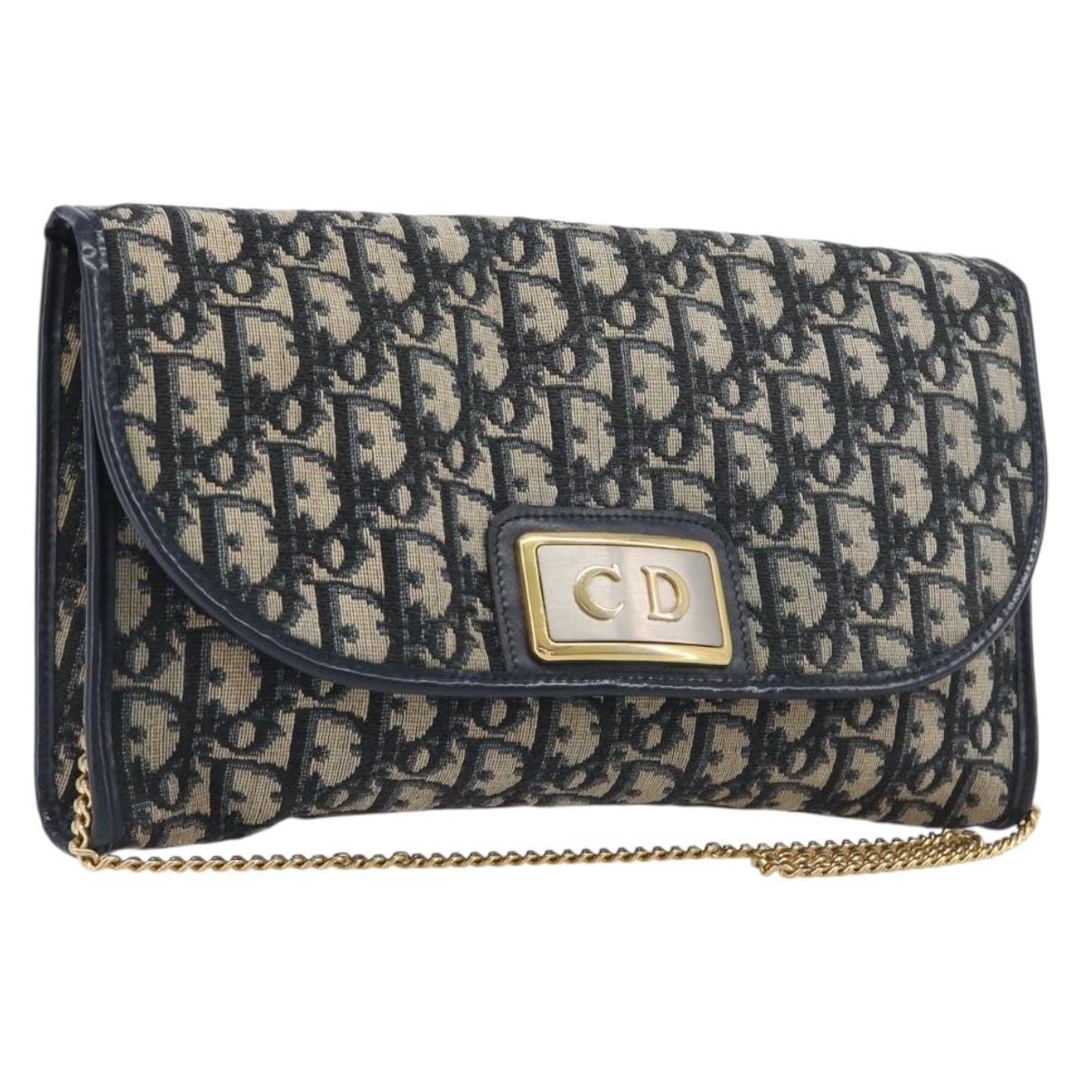 Christian Dior Trotter Canvas Chain Shoulder Bag Navy Gold Auth 197779