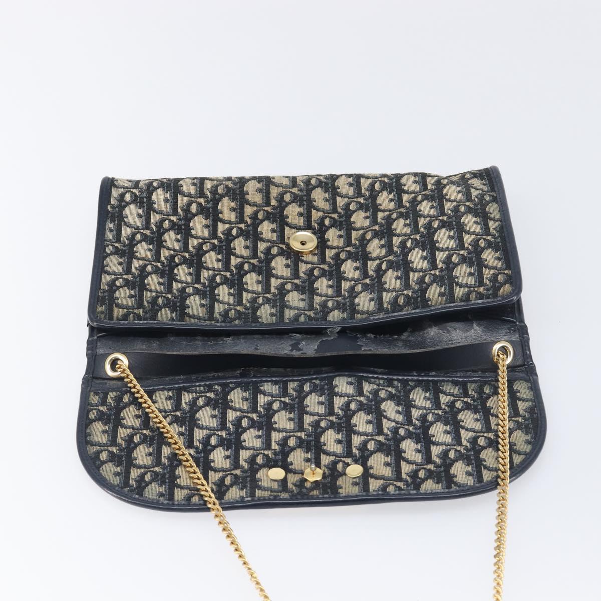Christian Dior Trotter Canvas Chain Shoulder Bag Navy Gold Auth 197779