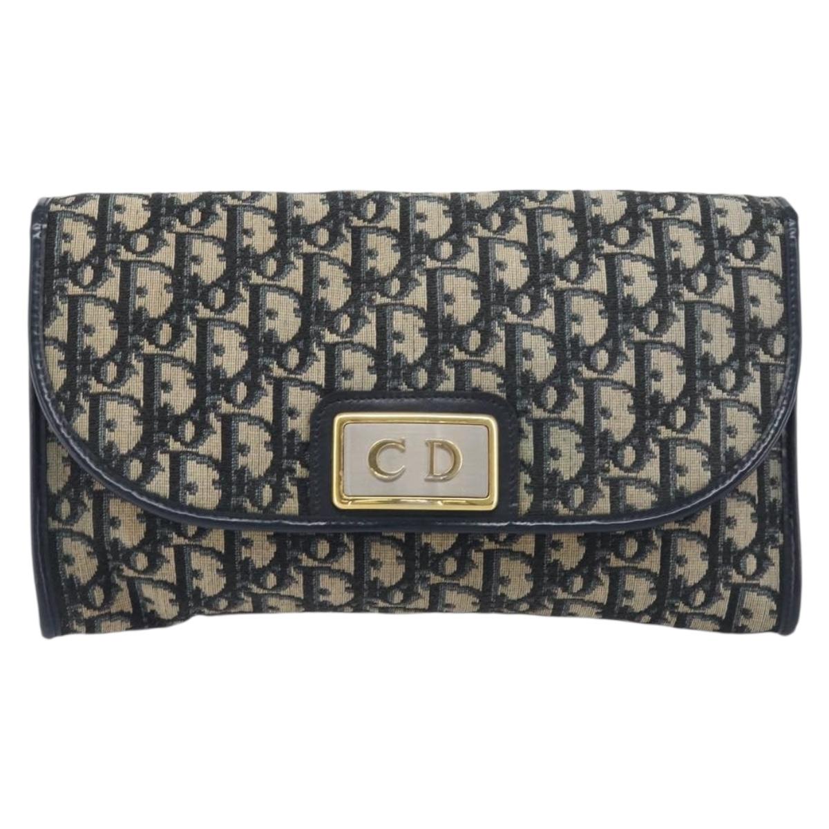 Christian Dior Trotter Canvas Chain Shoulder Bag Navy Gold Auth 197779