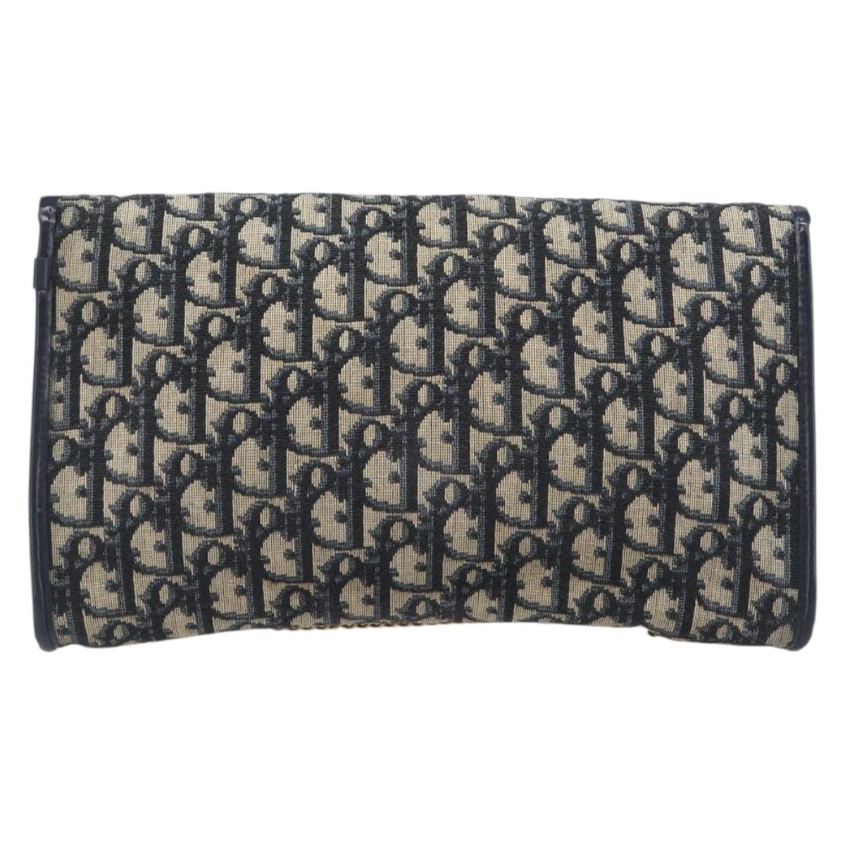 Christian Dior Trotter Canvas Chain Shoulder Bag Navy Gold Auth 197779