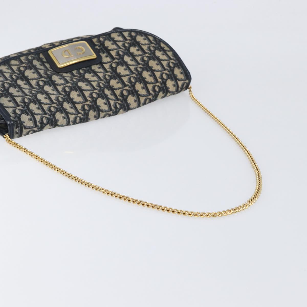 Christian Dior Trotter Canvas Chain Shoulder Bag Navy Gold Auth 197779