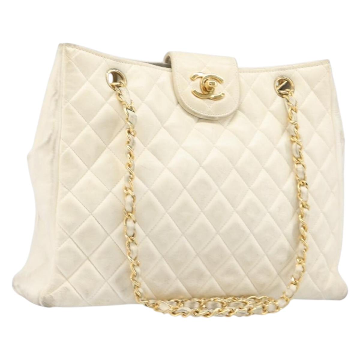 CHANEL Matelasse Chain Shoulder Bag Lamb Skin White Gold CC Auth 197780