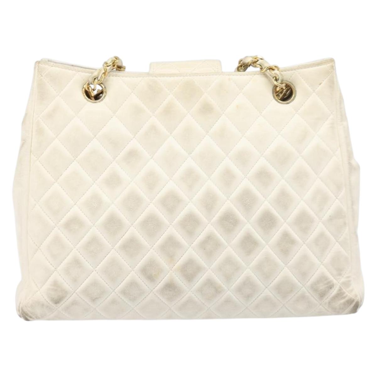 CHANEL Matelasse Chain Shoulder Bag Lamb Skin White Gold CC Auth 197780