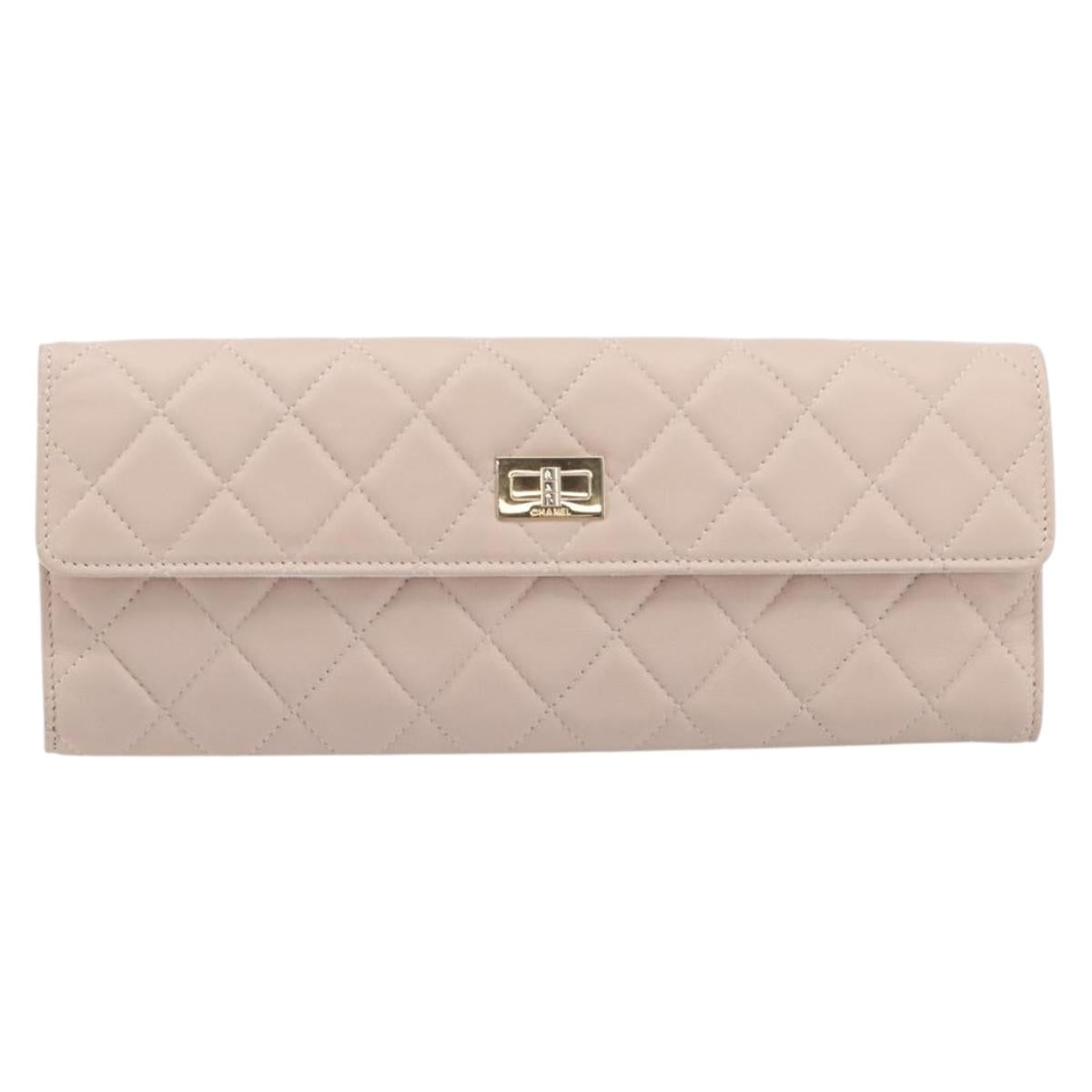 CHANEL Matelasse 2.55 Accessory Pouch Lamb Skin Pink Gold CC Auth 197784V