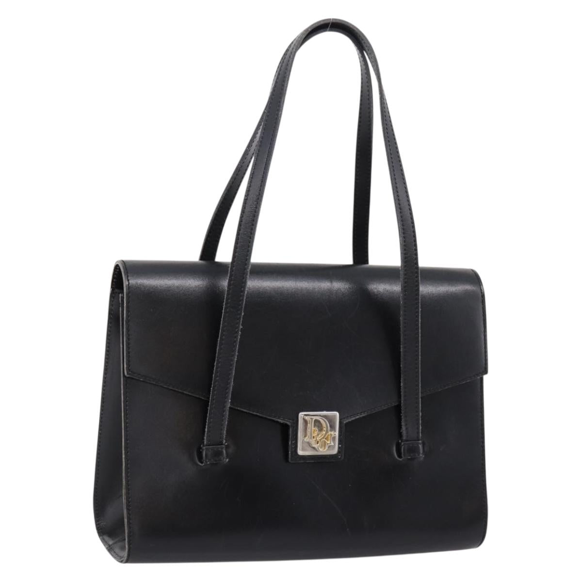 Christian Dior Hand Bag Leather Black Gold Auth 197791