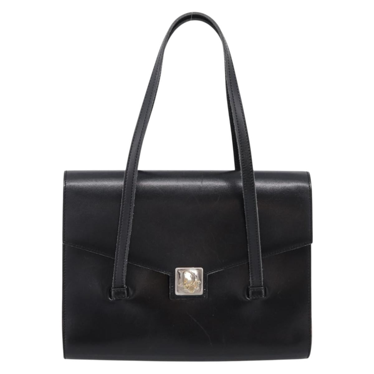 Christian Dior Hand Bag Leather Black Gold Auth 197791