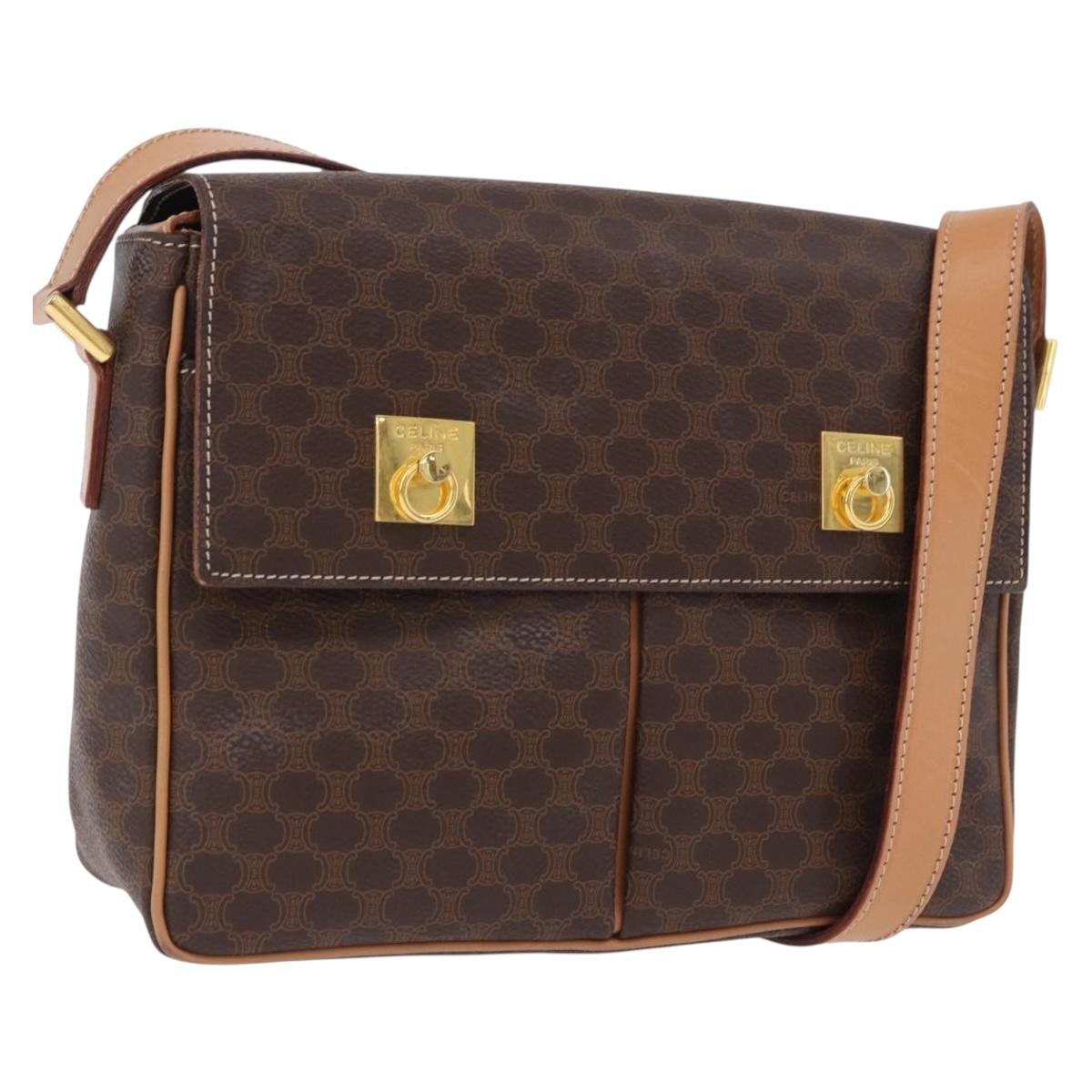 CELINE Macadam Canvas Shoulder Bag PVC Leather Brown Gold Auth 197808V
