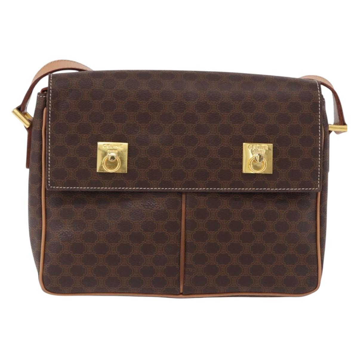 CELINE Macadam Canvas Shoulder Bag PVC Leather Brown Gold Auth 197808V