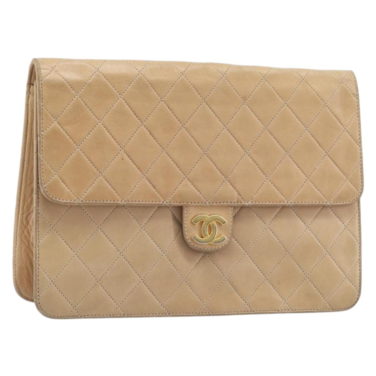 CHANEL Matelasse Chain Shoulder Bag Lamb Skin Beige Gold CC Auth 197811