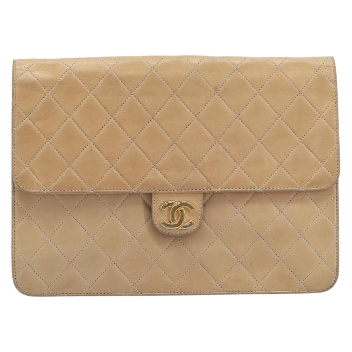 CHANEL Matelasse Chain Shoulder Bag Lamb Skin Beige Gold CC Auth 197811
