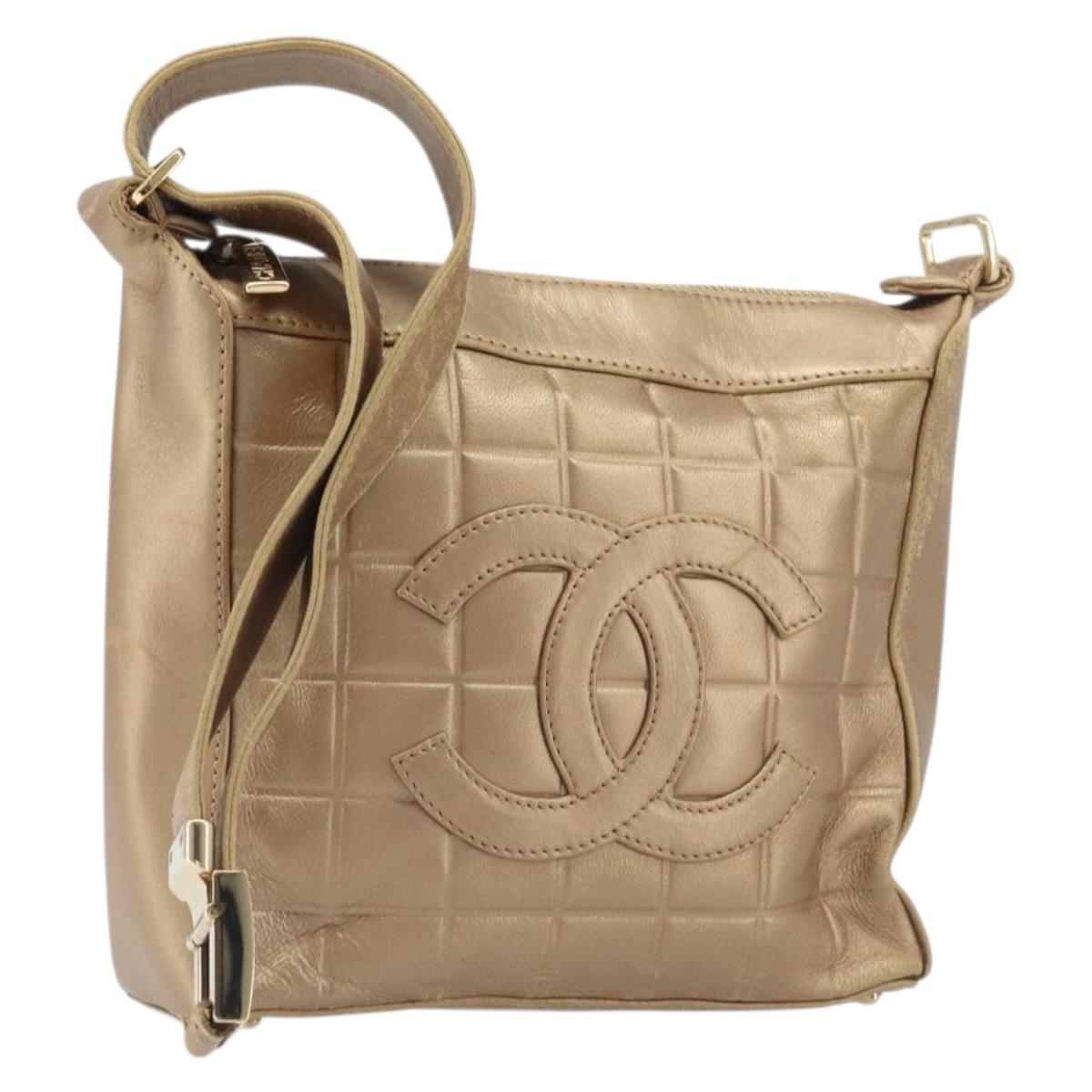 CHANEL Choco Bar Hand Bag Lamb Skin Brown Gold CC Auth 197821
