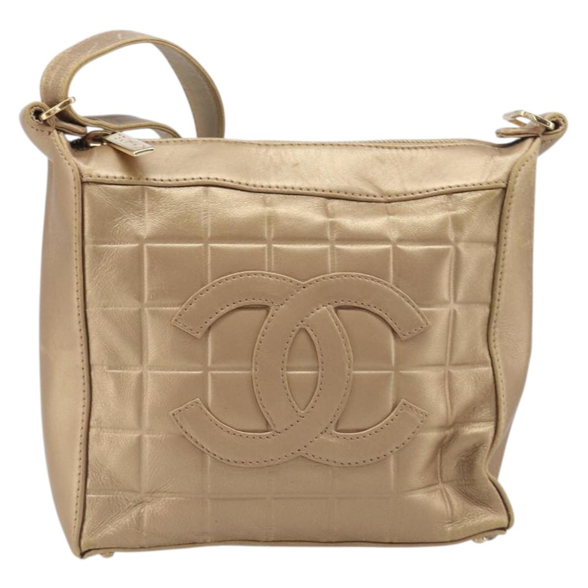 CHANEL Choco Bar Hand Bag Lamb Skin Brown Gold CC Auth 197821