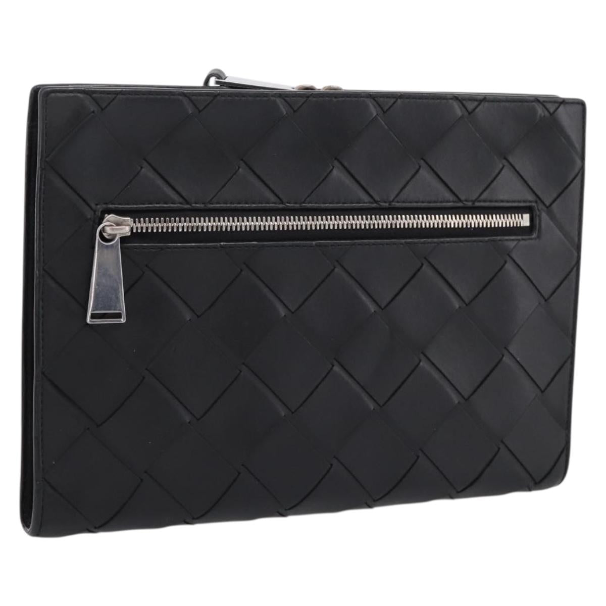 BOTTEGA VENETA INTRECCIATO Clutch Bag Leather Black Silver Auth 197833A