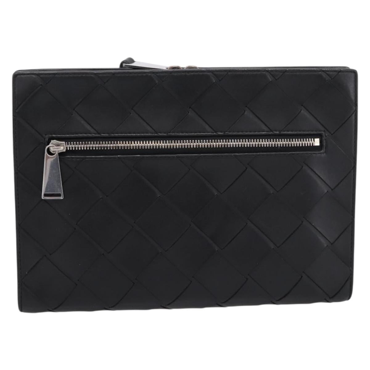 BOTTEGA VENETA INTRECCIATO Clutch Bag Leather Black Silver Auth 197833A