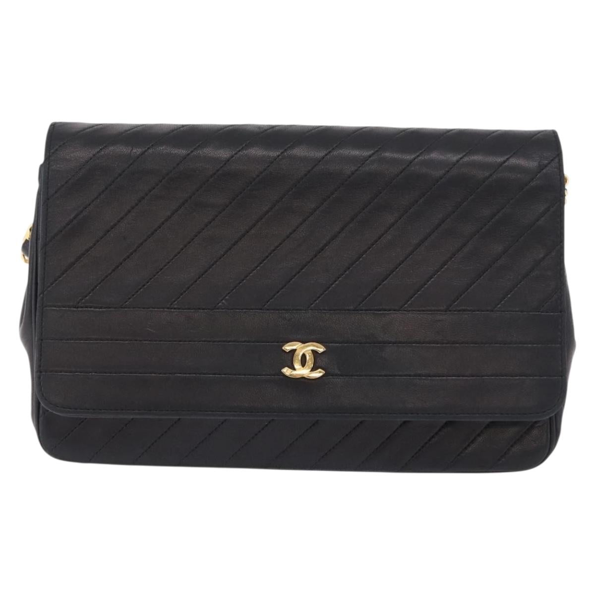 CHANEL Mademoiselle Chain Shoulder Bag Lamb Skin Black Gold CC Auth 197842