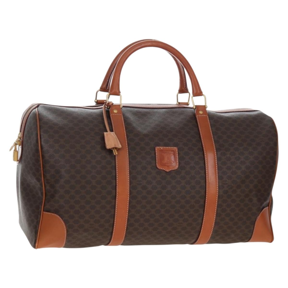 CELINE Macadam Canvas Boston Bag PVC Leather Brown Gold Auth 197843V