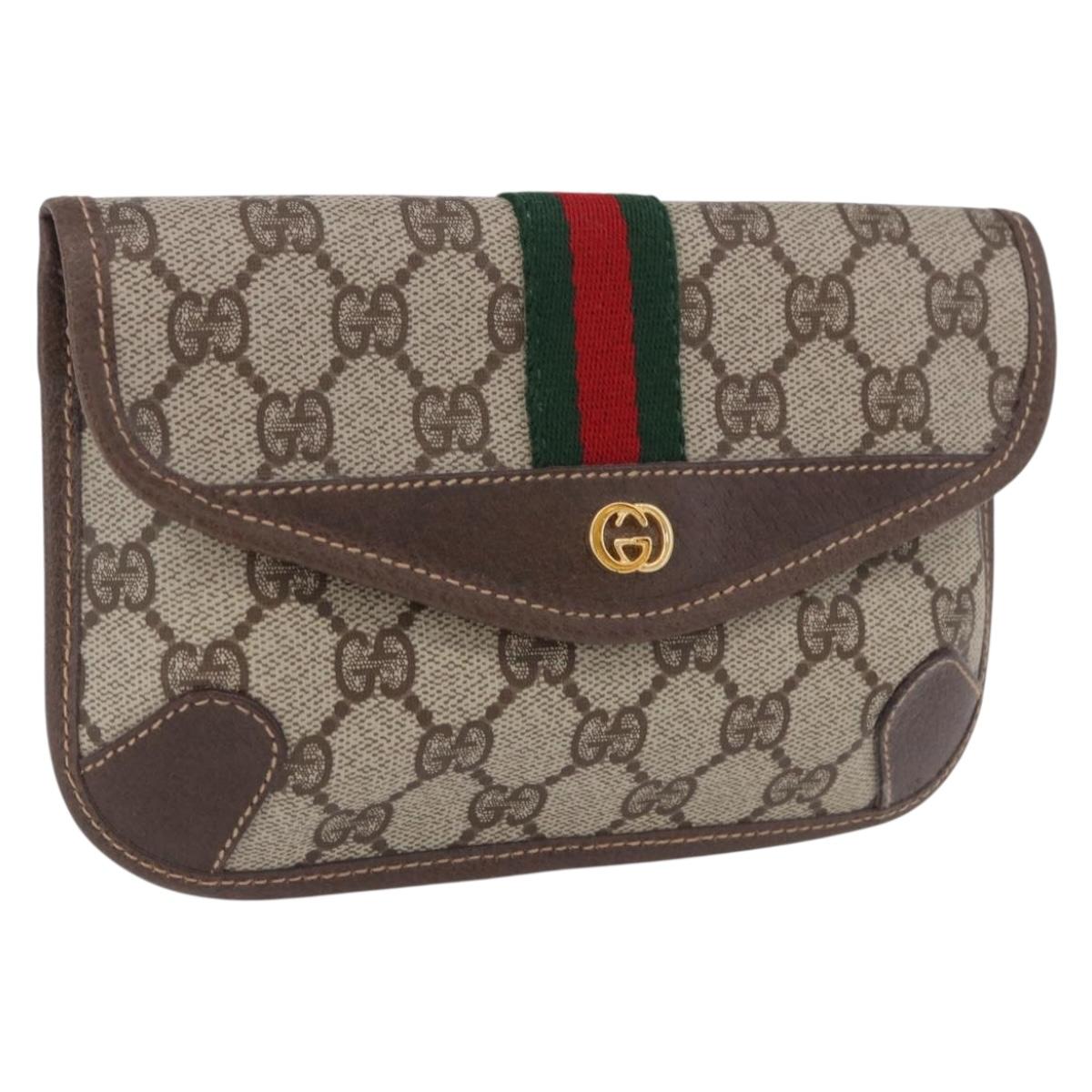 GUCCI GG Supreme Web Sherry Line Pouch PVC Beige Gold 014 89 5205 Auth 197852A