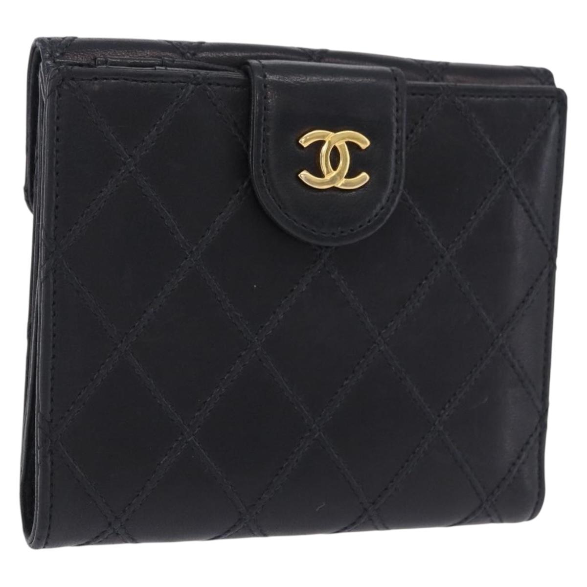 CHANEL Bicolore Bifold Wallet Lamb Skin Black Gold CC Auth 197854V