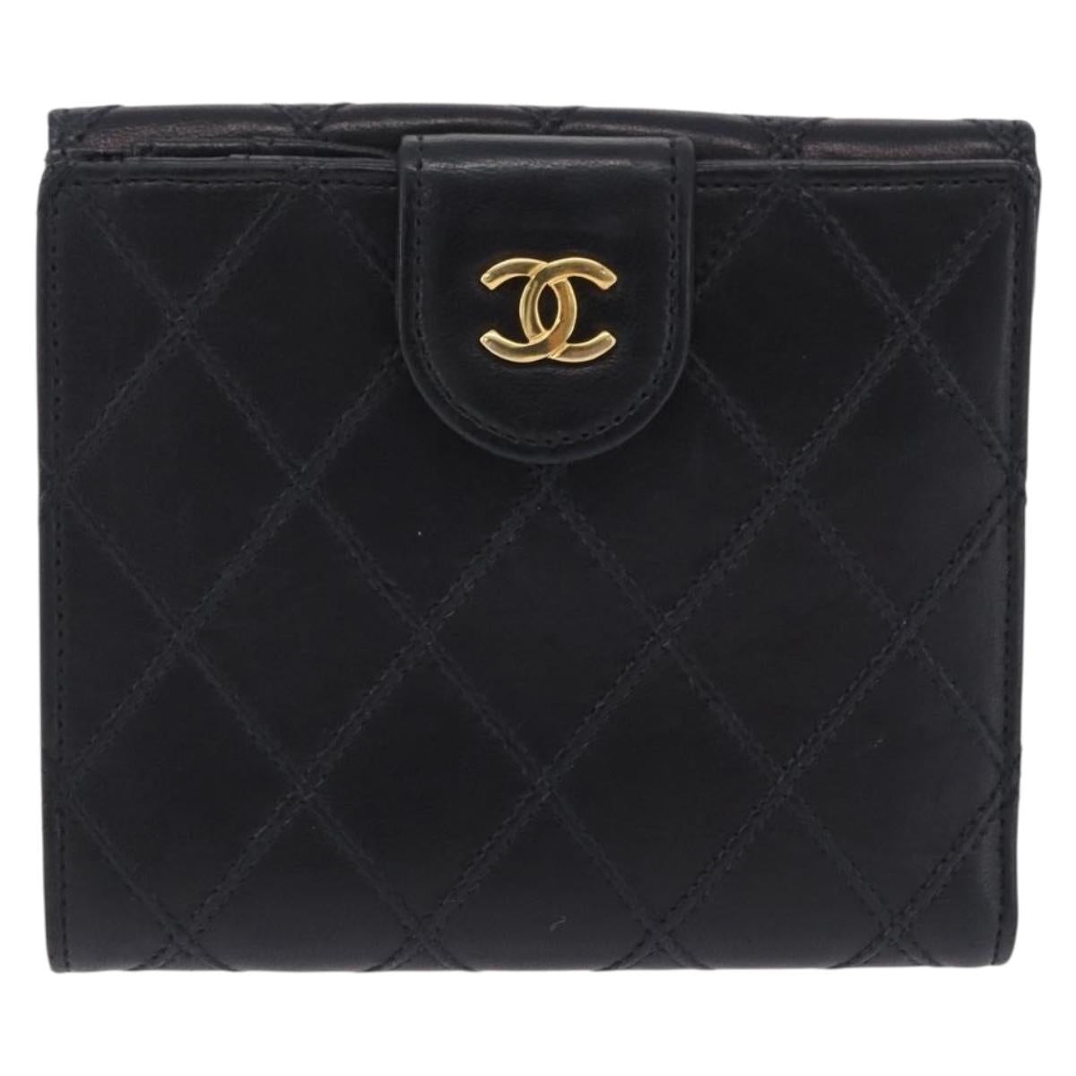 CHANEL Bicolore Bifold Wallet Lamb Skin Black Gold CC Auth 197854V