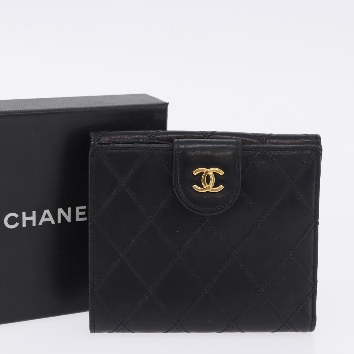 CHANEL Bicolore Bifold Wallet Lamb Skin Black Gold CC Auth 197854V