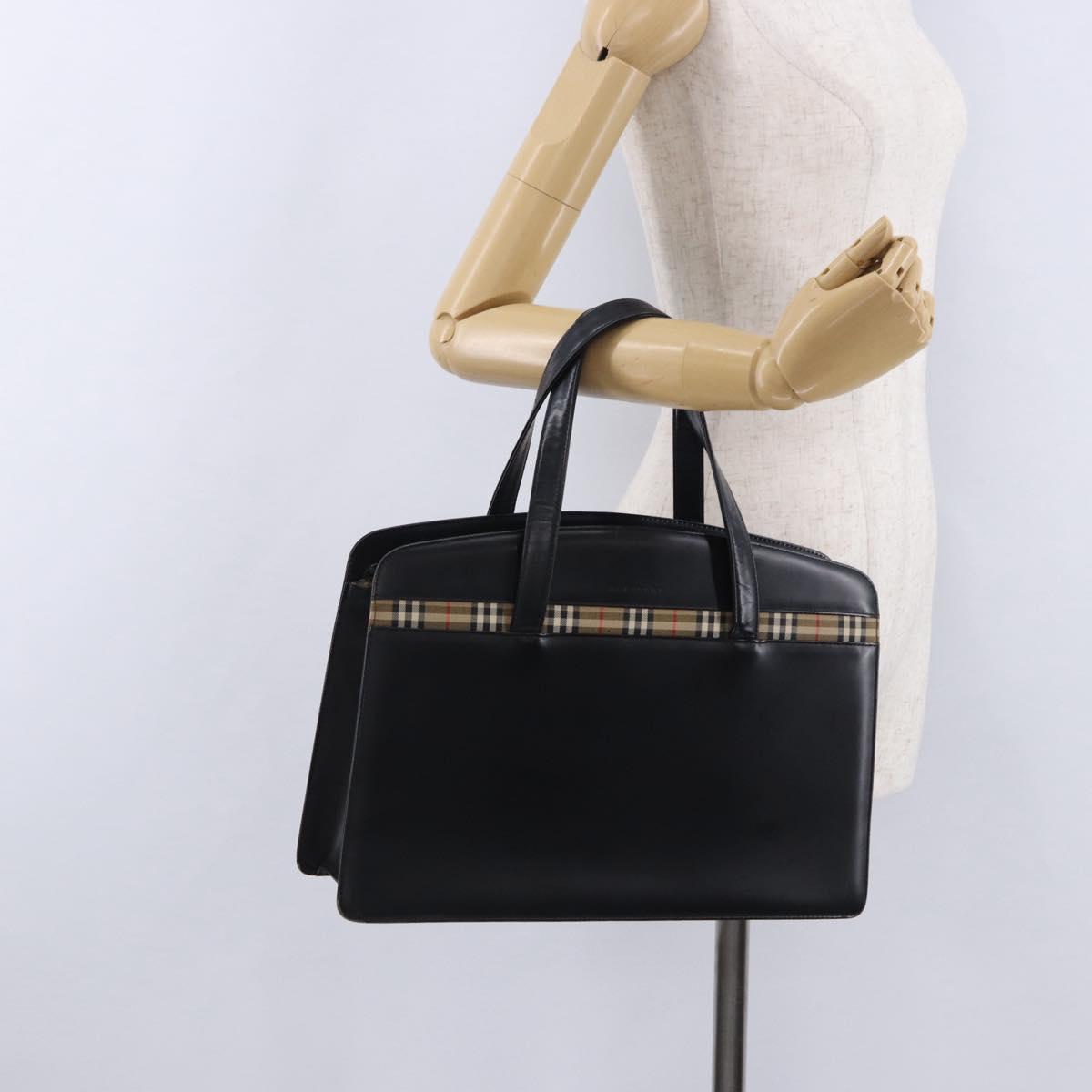 BURBERRY Hand Bag Leather Black Silver Auth 197856
