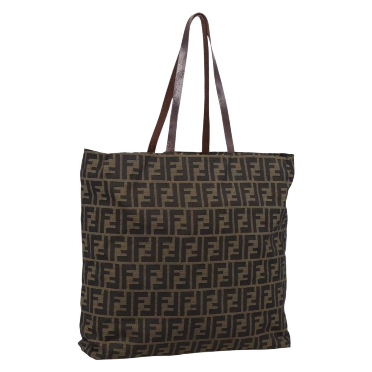 FENDI Zucca Canvas Tote Bag Nylon Brown Black Auth 197859A