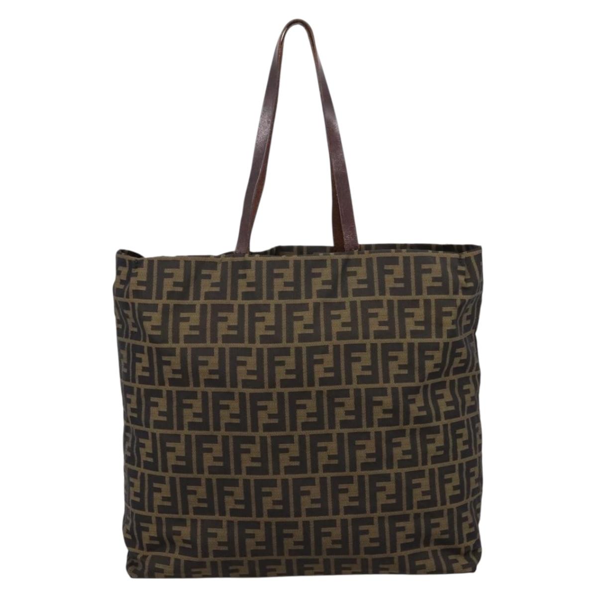 FENDI Zucca Canvas Tote Bag Nylon Brown Black Auth 197859A