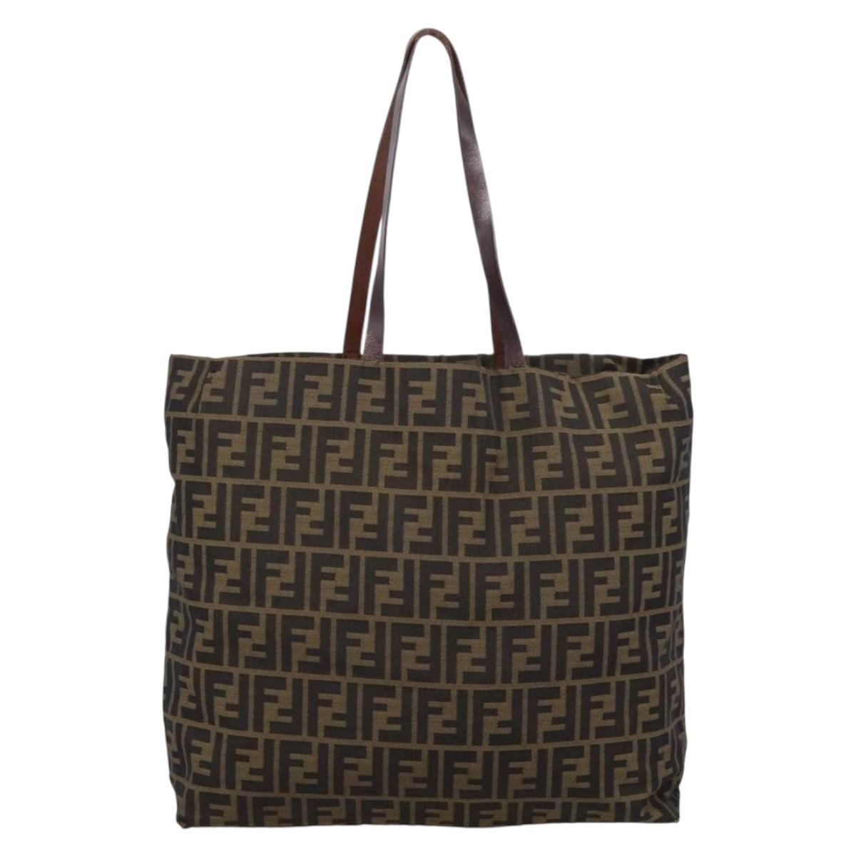FENDI Zucca Canvas Tote Bag Nylon Brown Black Auth 197859A
