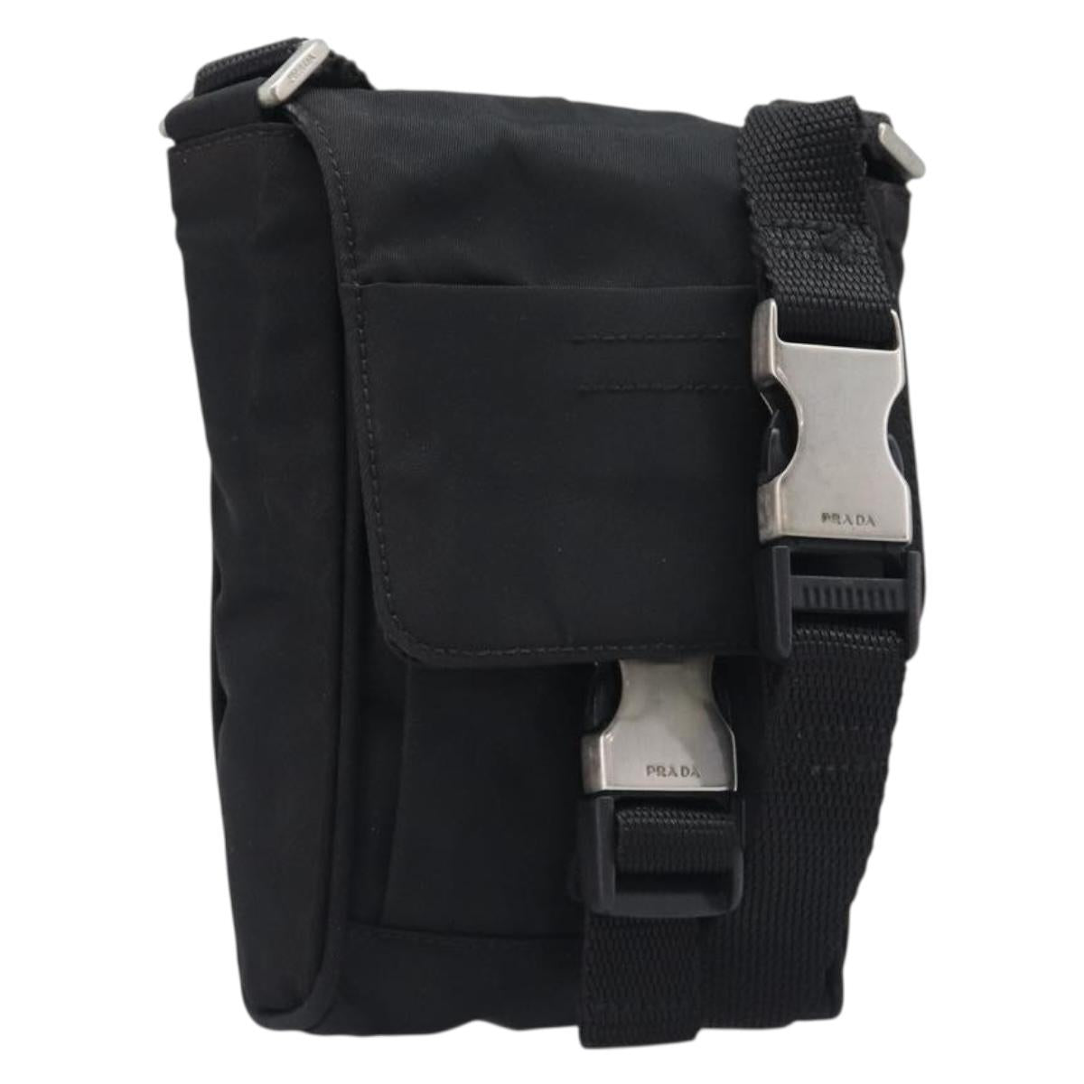 PRADA Shoulder Pouch Nylon Black Silver Auth 197869