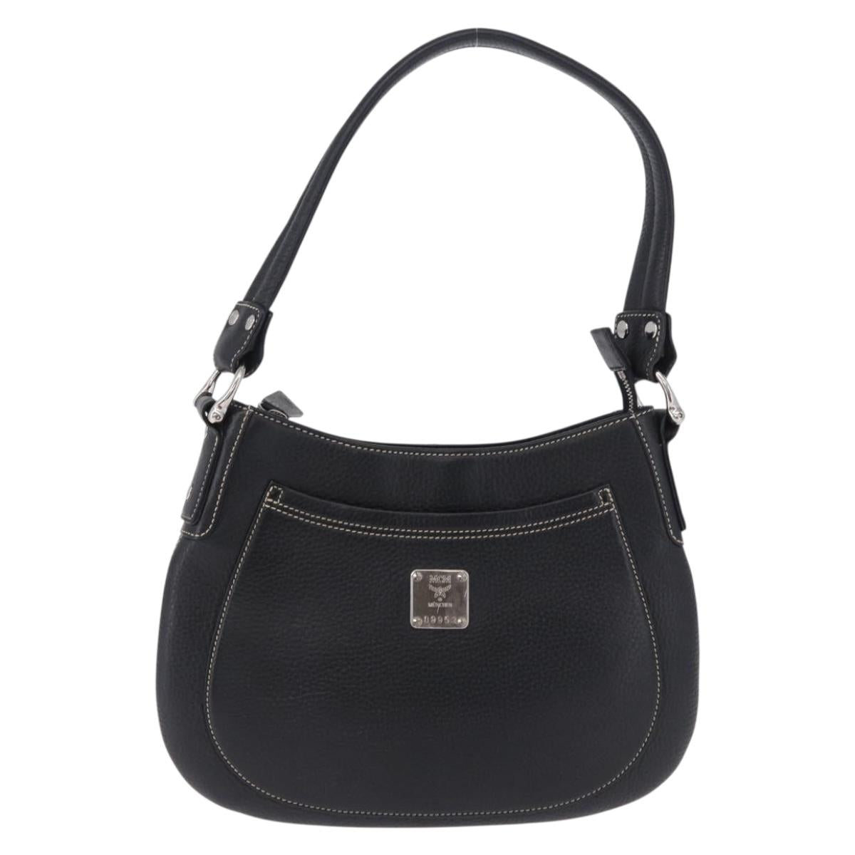 MCM Shoulder Bag Leather Black Silver Auth 197876