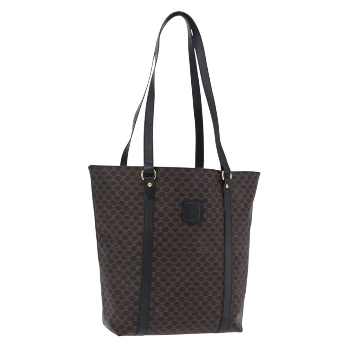 CELINE Macadam Canvas Shoulder Bag PVC Leather Black Gold Auth 197880V