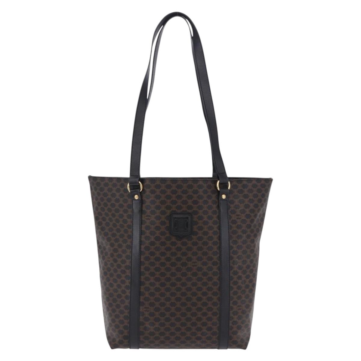 CELINE Macadam Canvas Shoulder Bag PVC Leather Black Gold Auth 197880V