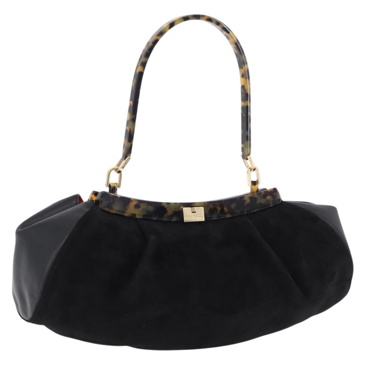 Salvatore Ferragamo Hand Bag Suede Black Gold Auth 197890V