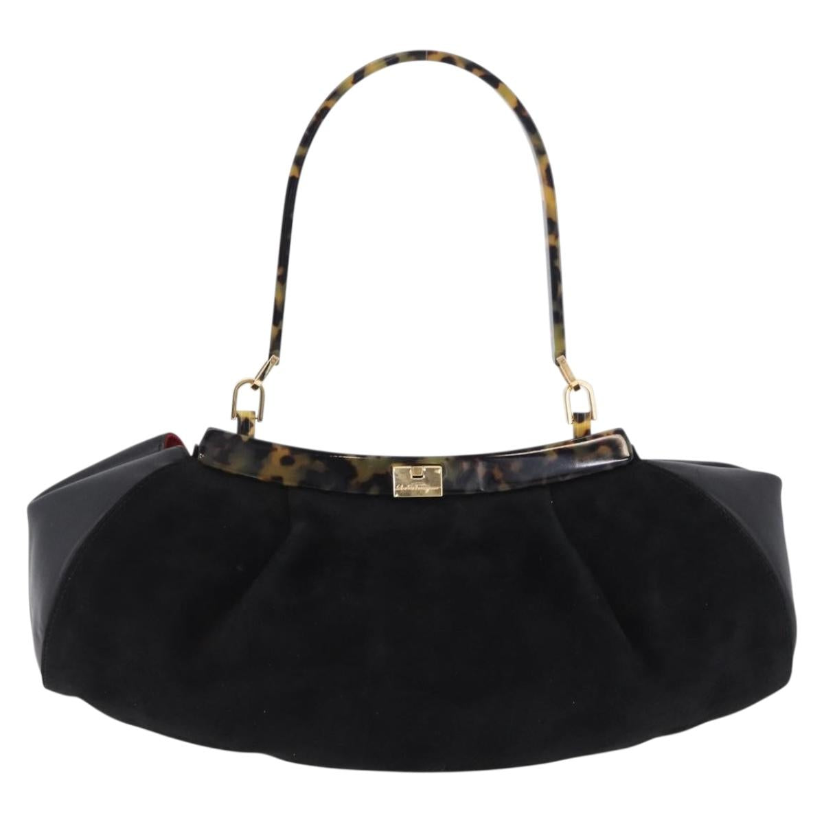 Salvatore Ferragamo Hand Bag Suede Black Gold Auth 197890V