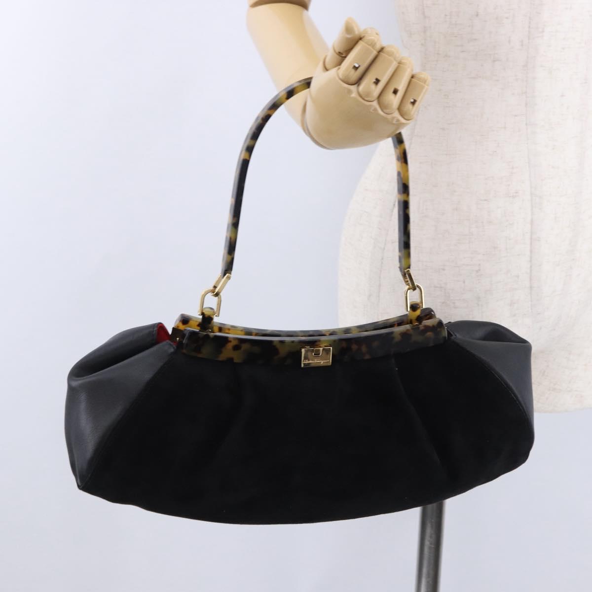 Salvatore Ferragamo Hand Bag Suede Black Gold Auth 197890V
