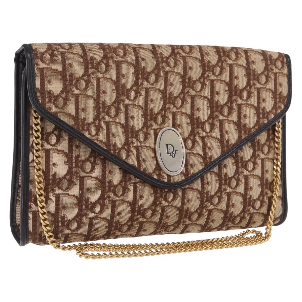 Christian Dior Trotter Canvas Chain Shoulder Bag Beige Gold Auth 197895A