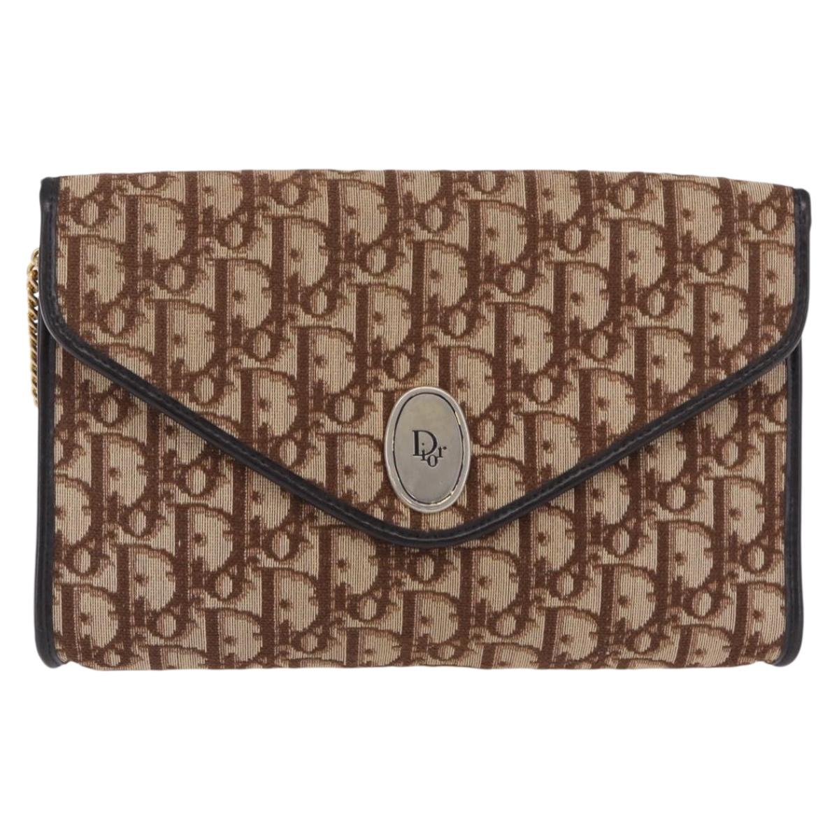Christian Dior Trotter Canvas Chain Shoulder Bag Beige Gold Auth 197895A