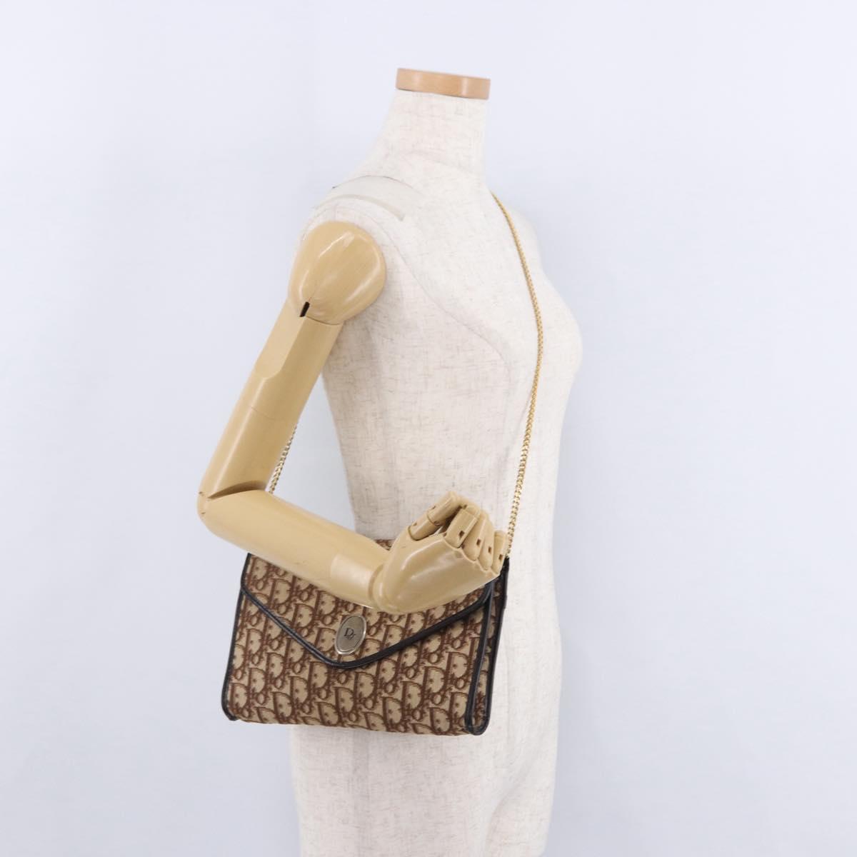 Christian Dior Trotter Canvas Chain Shoulder Bag Beige Gold Auth 197895A