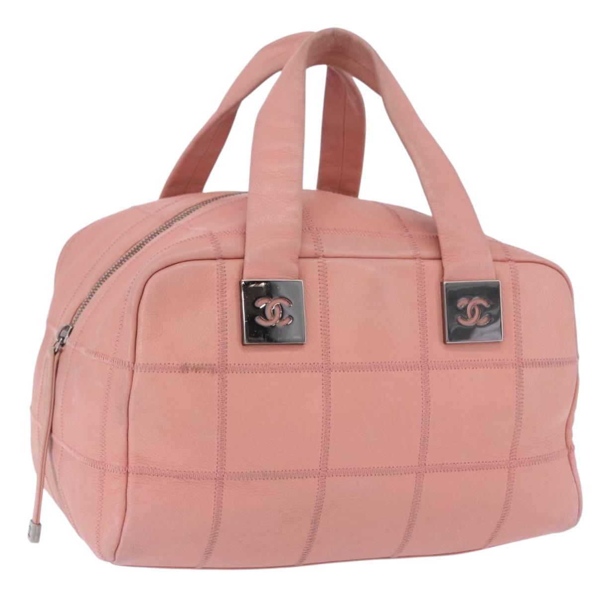 CHANEL Choco Bar Line Mini Boston Bag Leather Pink Silver CC Auth 197897A